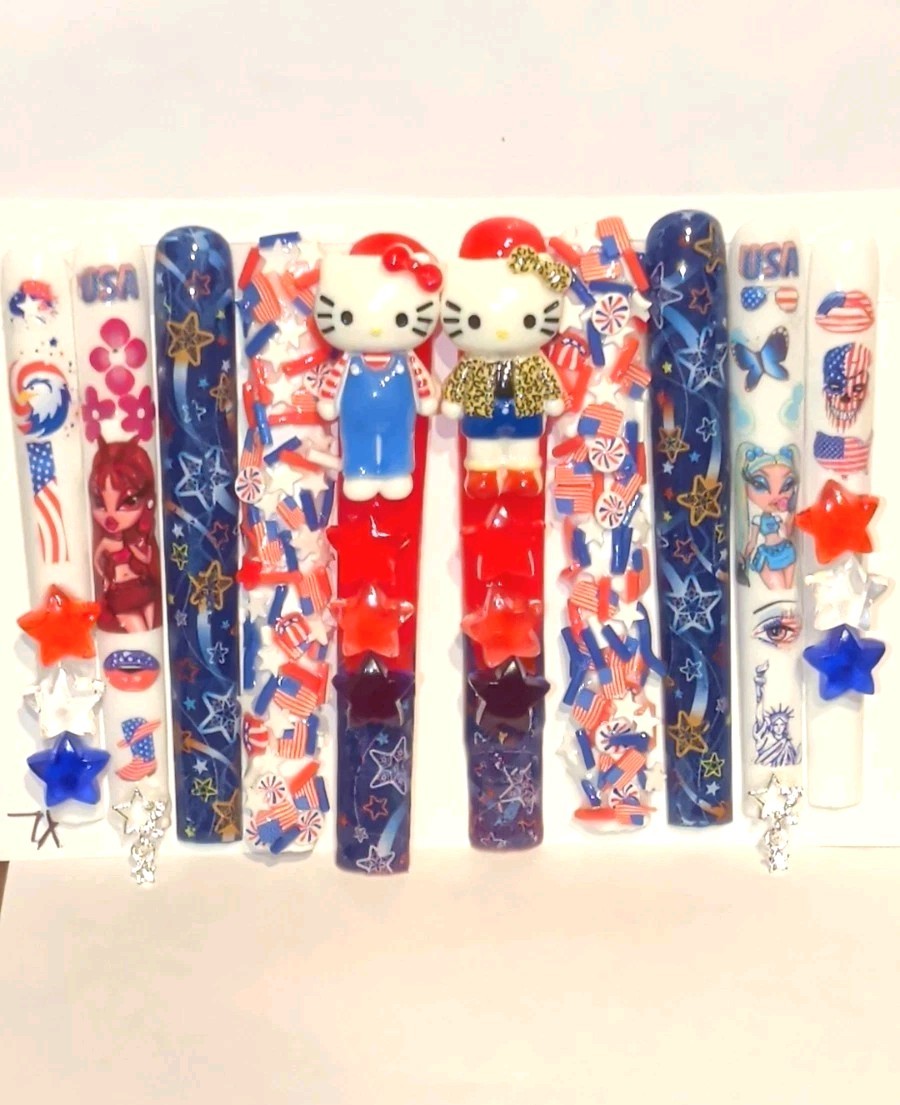Hand Crafted Patriotic 6Xl Press-On Nails Set — Red,White & Blue Stars SZ XL