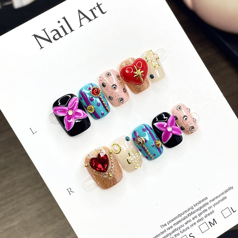 10pcs Short Square Press on Nails, Multicolor 3D Heart Cross Print Trendy Nails