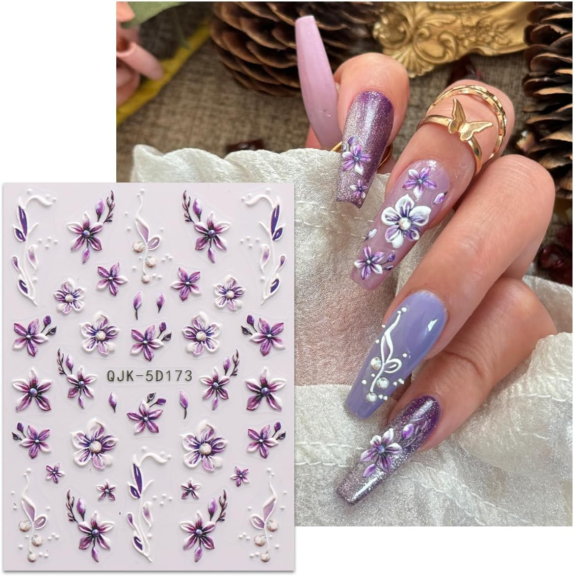 3D Embossed Flower Nail Art Stickers Decals Self-Adhesive 5D Spring Summer Flora