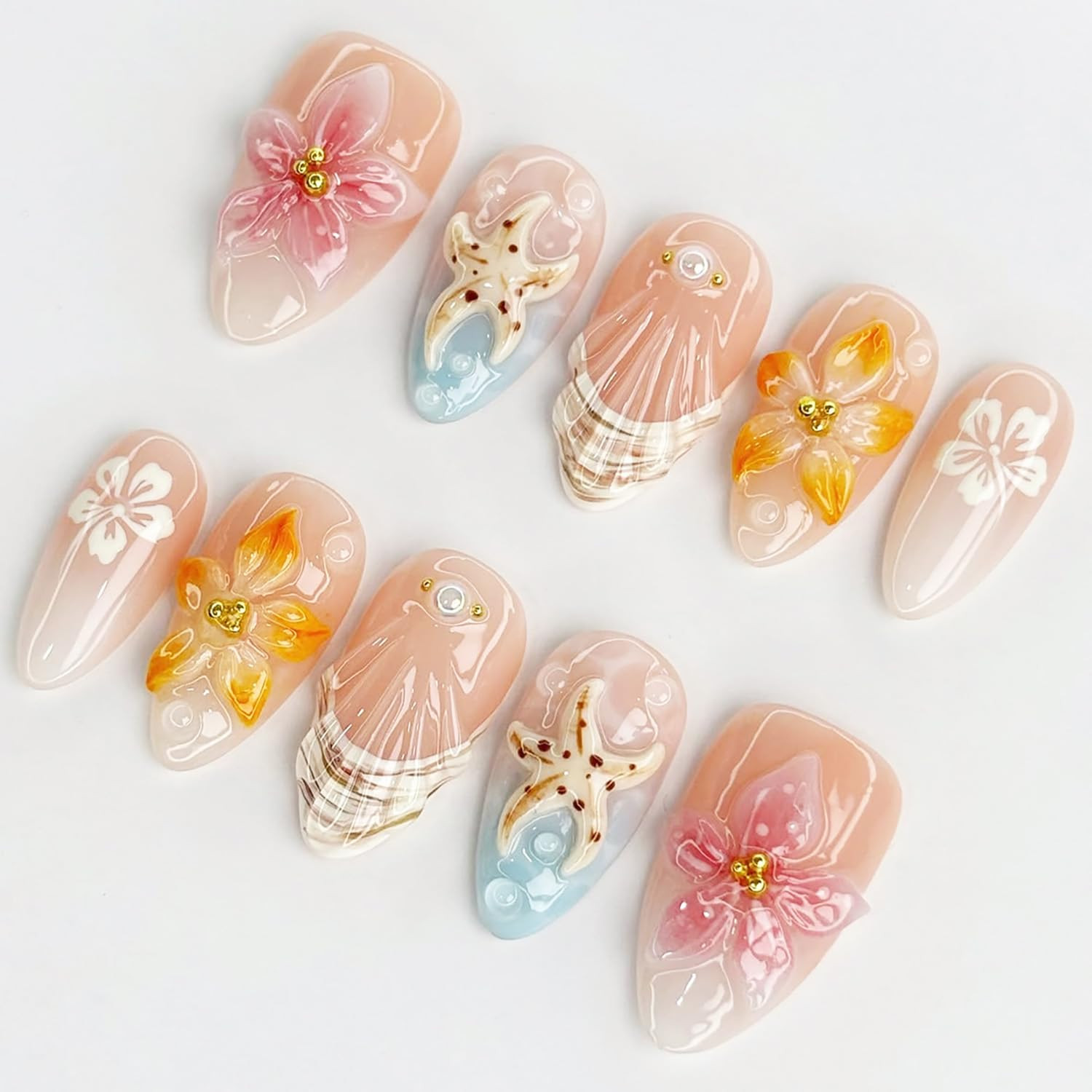 30Pcs Pink Flower Press on Nails Medium Almond Fake Nails 3D Floral with Gold Be