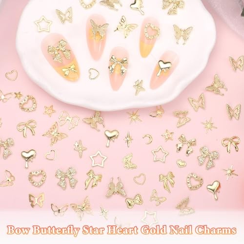 Gold Nail Charms, Butterfly Star Heart Bow Nail Golden Charms, Multi Shapes S1