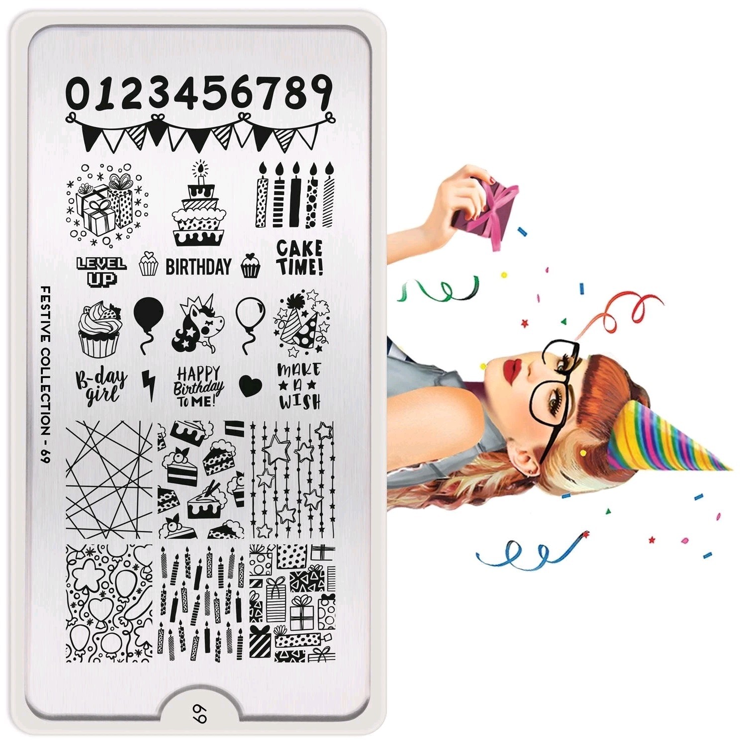 HTF MoYou London Festive Collection 69 Nail Stamp Plate Birthday Party New Year