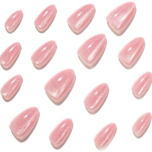 Pink Press on Nails – Short Almond Fake Nails – Glossy Cat Eye Acrylic – Style 8