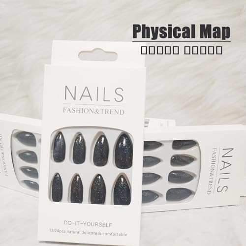 UV Press on Nails Medium Almond Shape, Fake Nails with Sparkly Designs, Glossy