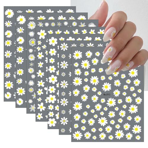 6Sheets Daisy Nail Art Stickers,Floral Daisy Nail Decals Spring Summer flower-3
