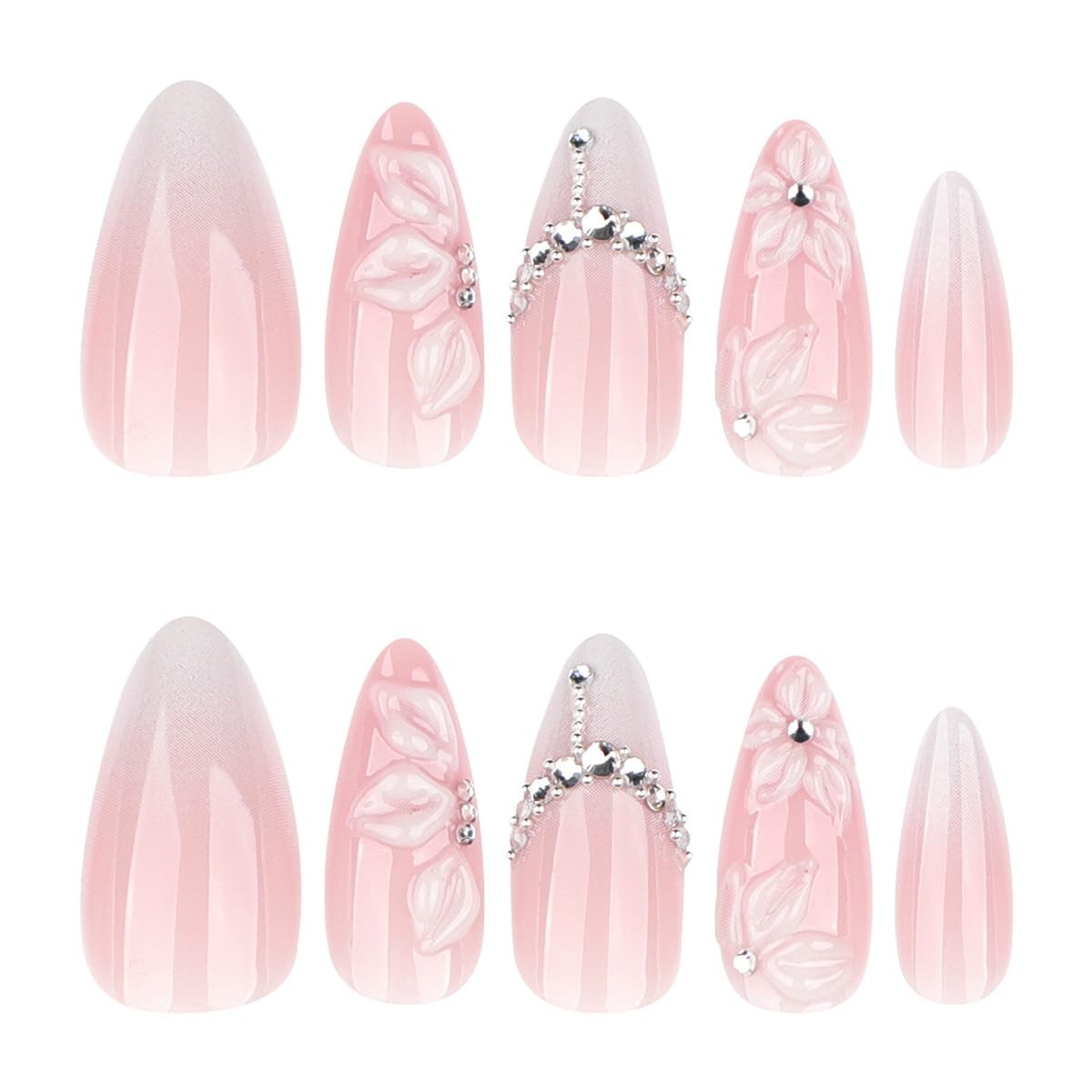 24Pcs White French Tip Press on Nails Medium Almond Fake Nails with Silver