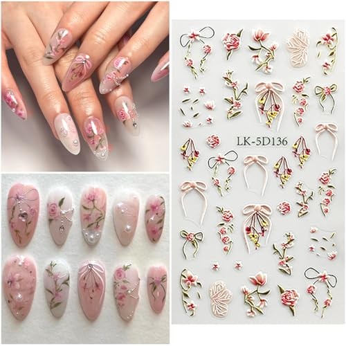 Flower Nail Art Stickers 5D Embossed Flower Nail Decals Spring Colorful-02