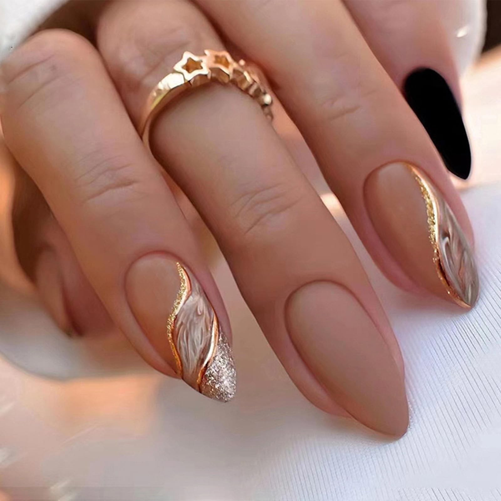 Almond Press on Nails Medium Fake Nude False with Medium, Style23