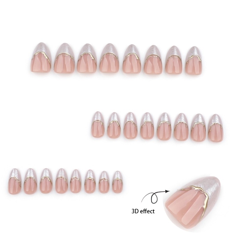 24 Pieces Short Almond False Nail With 3D Gold Line Detailing Press on Nail