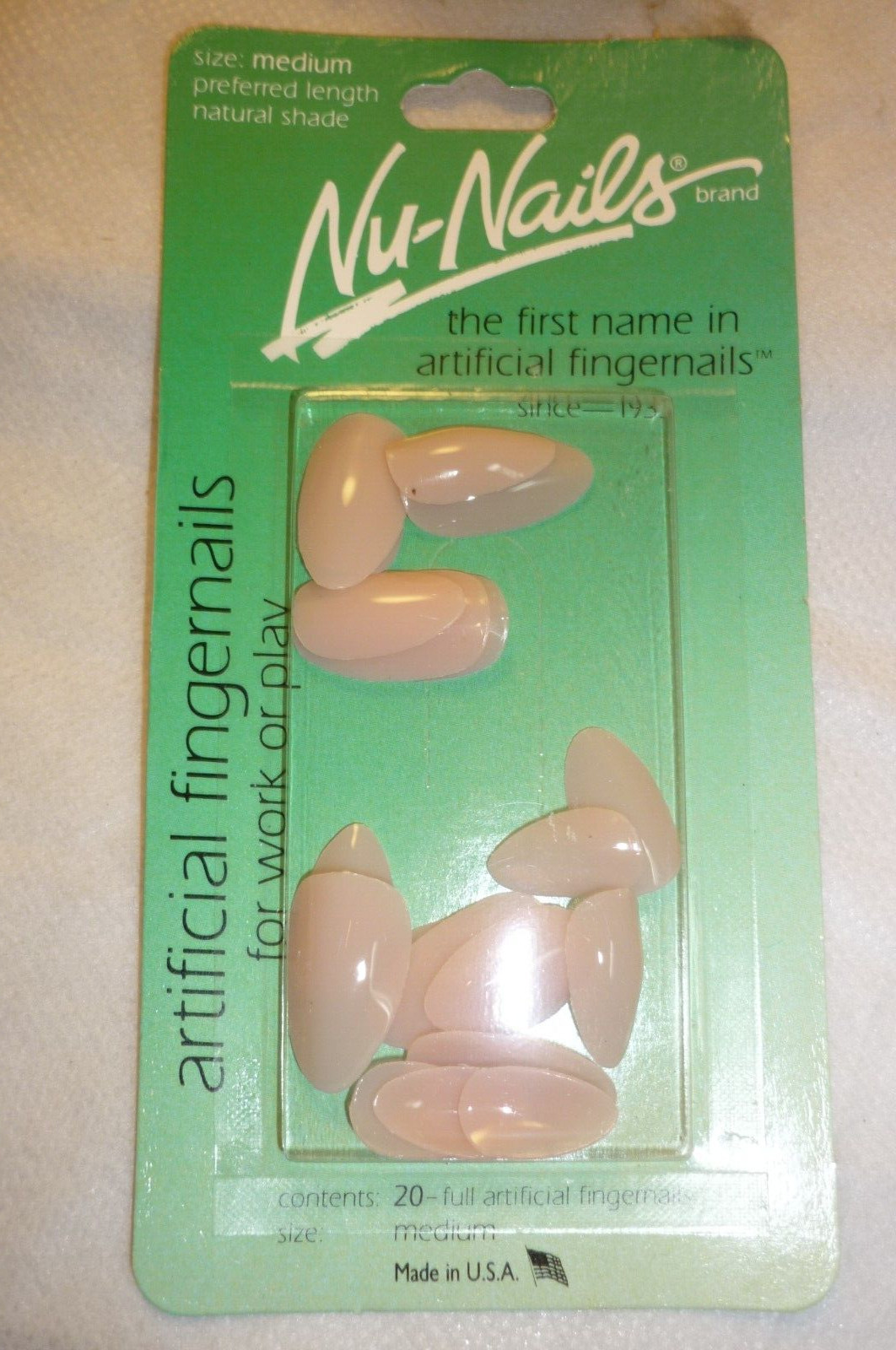 NU NAILS ARTIFICIAL FINGERNAILS GLUE-ON 20 PC. PACK USA NOS SIZE MED. 1992 VTG.