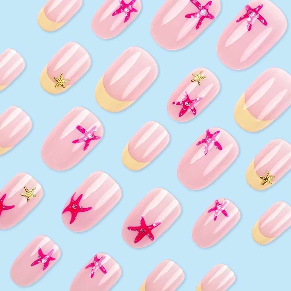24PCS Starfish Motif Oval Press On Nails For french Style Nude Yellow Marine