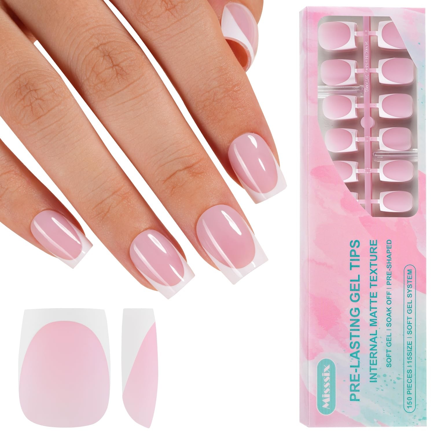 Misssix French Tip Press on Nails, 150Pcs Gel Nail 16 sizes, Pink