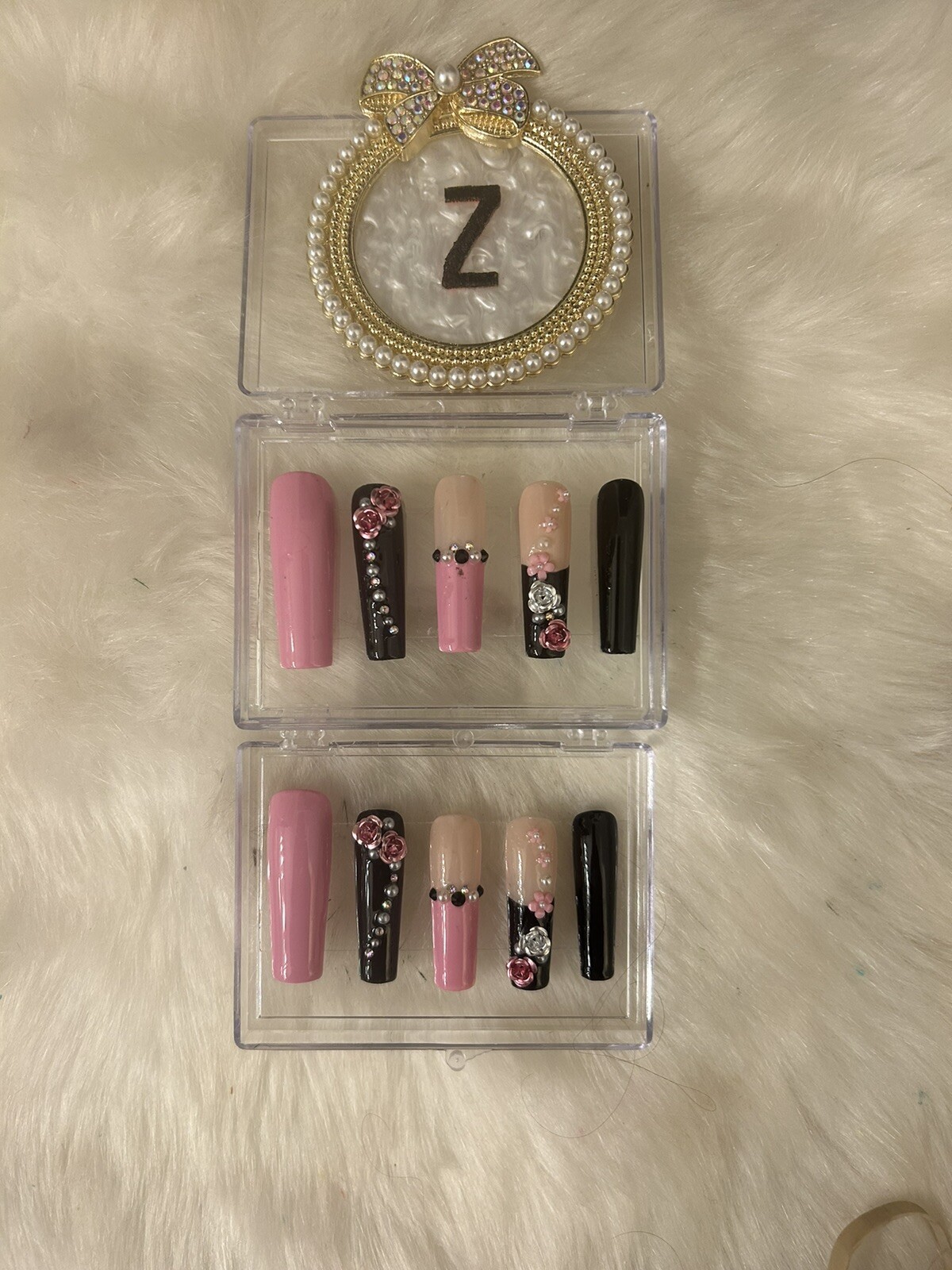 Z NAILZ! Gorgeous Handmade Pink/Nude/Black 2XL Coffin Shiny Bling Press On Nails