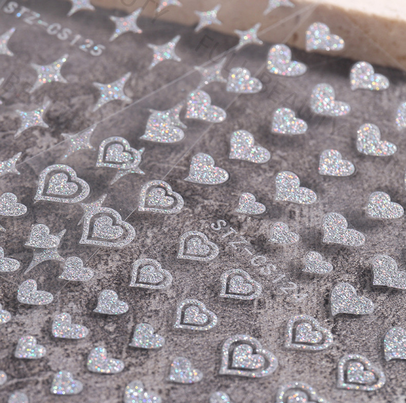 Silver Glitter 3D Nail Stickers Heart Star Butterfly Bear Transfer Decals NS32