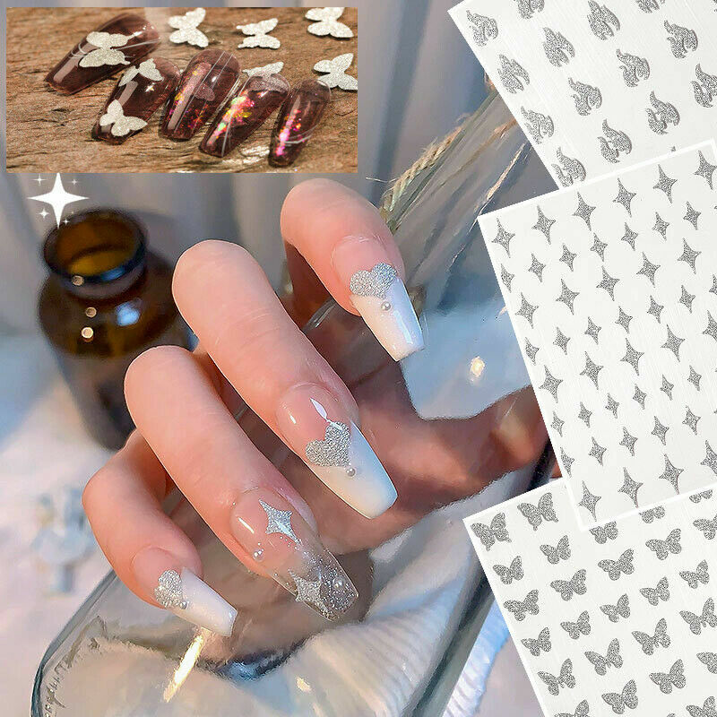 Silver Glitter 3D Nail Stickers Heart Star Butterfly Bear Transfer Decals NS32