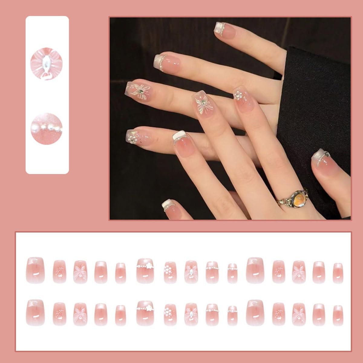 Butterfly Square Fake Nails Medium Length French Tip Press Nails Glitter Full…