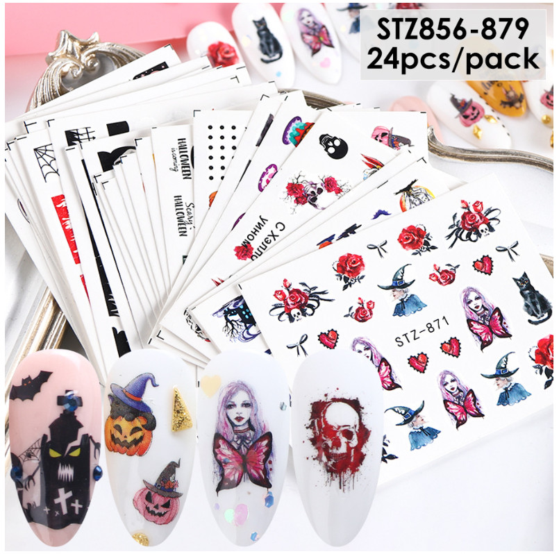 24 Sheets Nail Art Stickers Water Decals Transfers Halloween Graveyard Star NH15