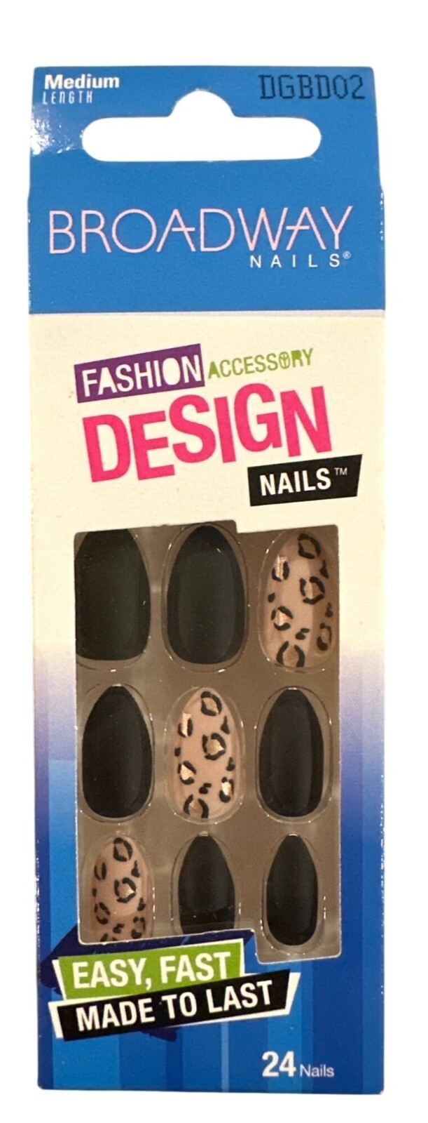 Broadway 24 Nails DESIGN Medium Almond Matte Black+Tan Stylish Leopard Print