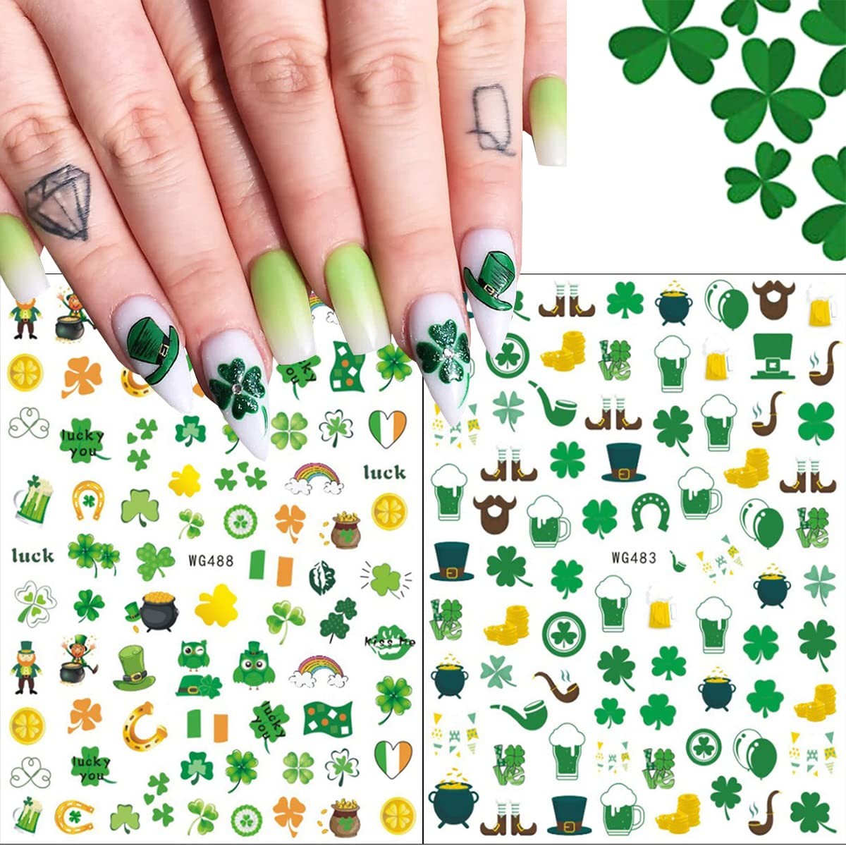 St Patricks Day Nail Art Stickers 3D Shamrock Nail Decals Green Clover Nail S…