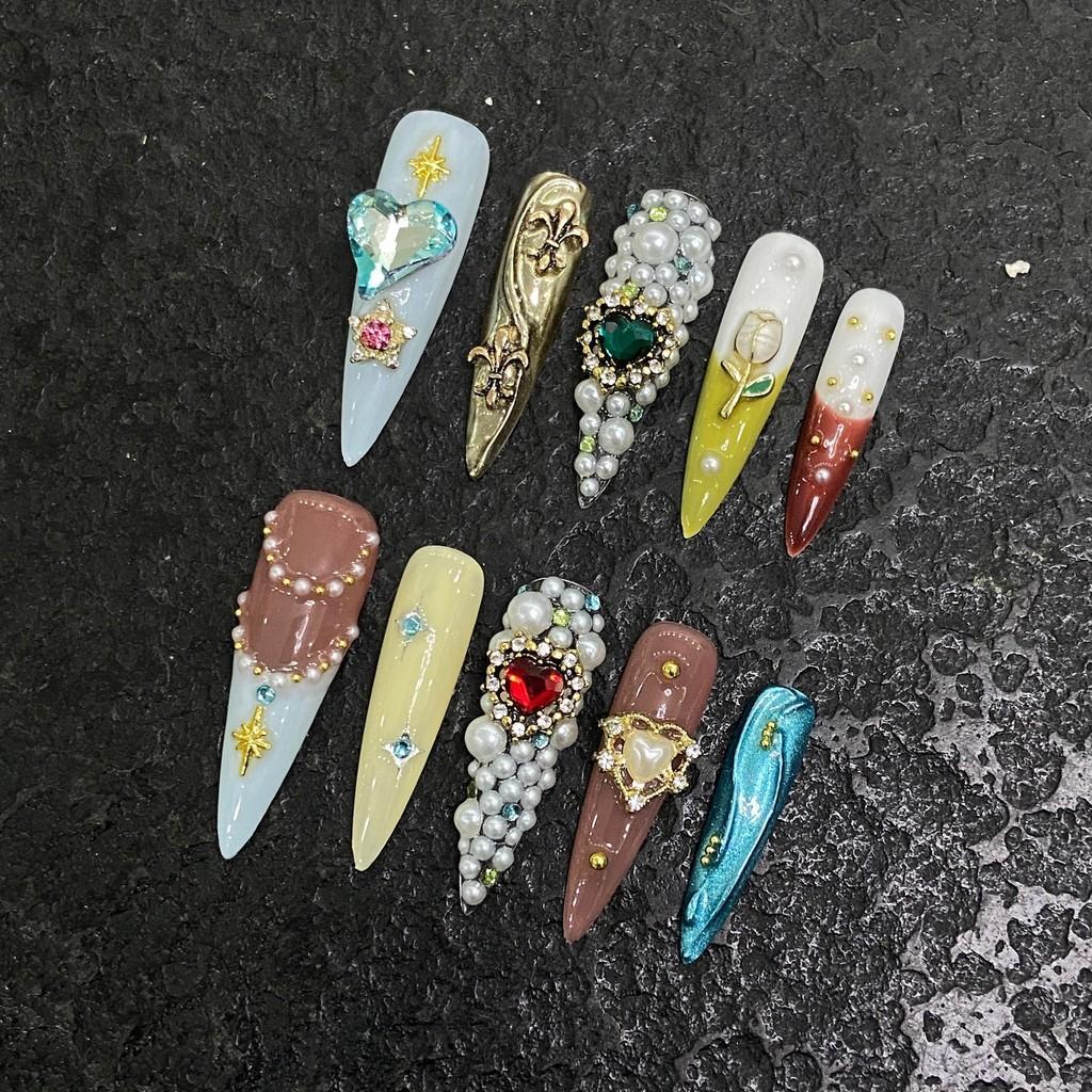 Handmade Luxury 3D Diamond Pearl False Nail Extra Long Water Drop Press On Nail