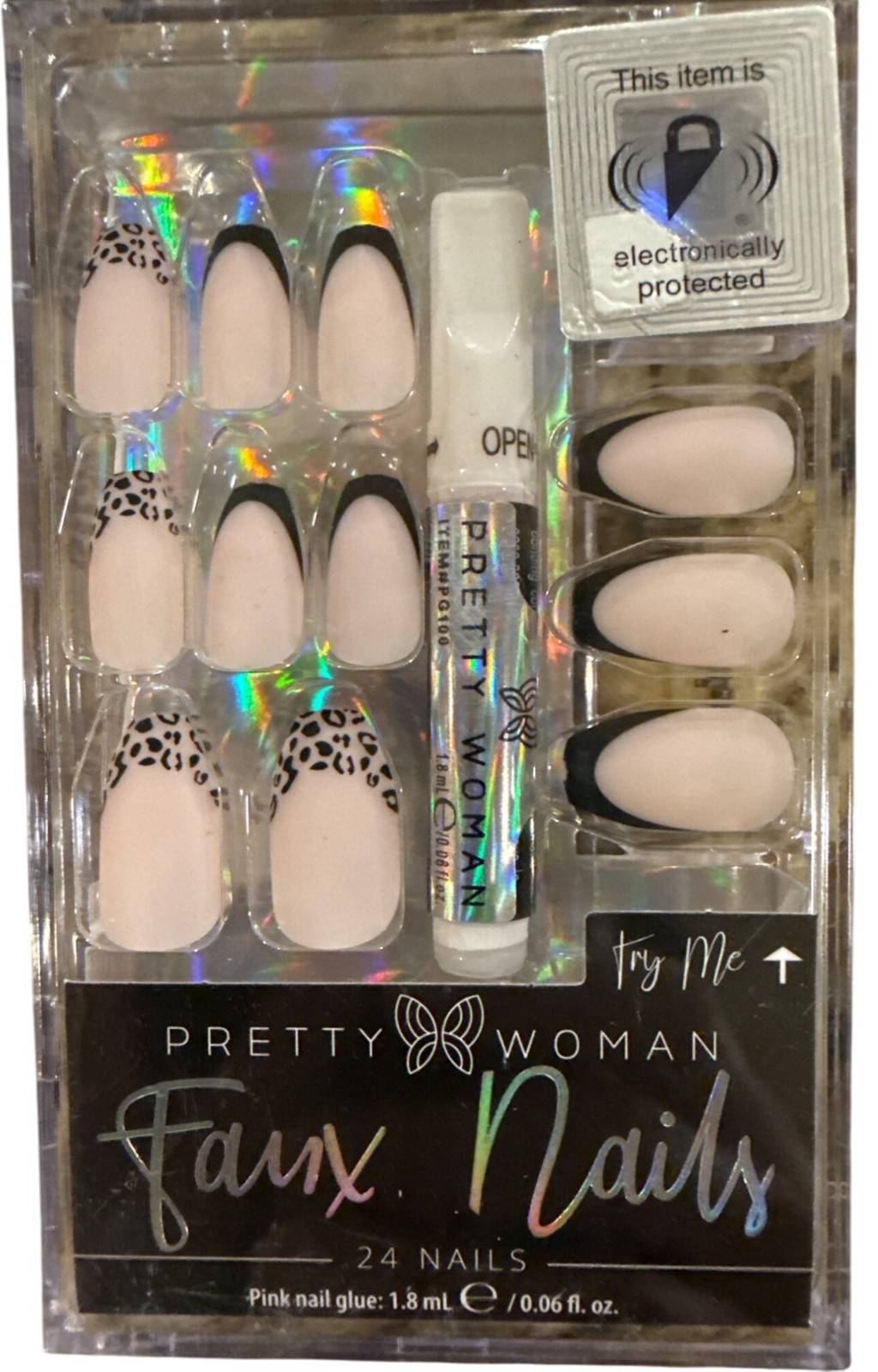 Pretty Woman 24 FAUX NAILS Medium Almond French Beige+Black+Brown Leopard READ!!
