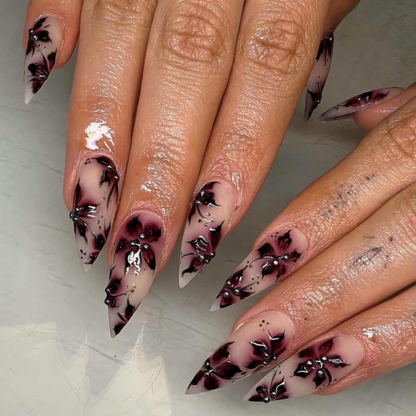 Handmade Dark Red Ink Flower Rhinestone Long Stiletto Press on Nails