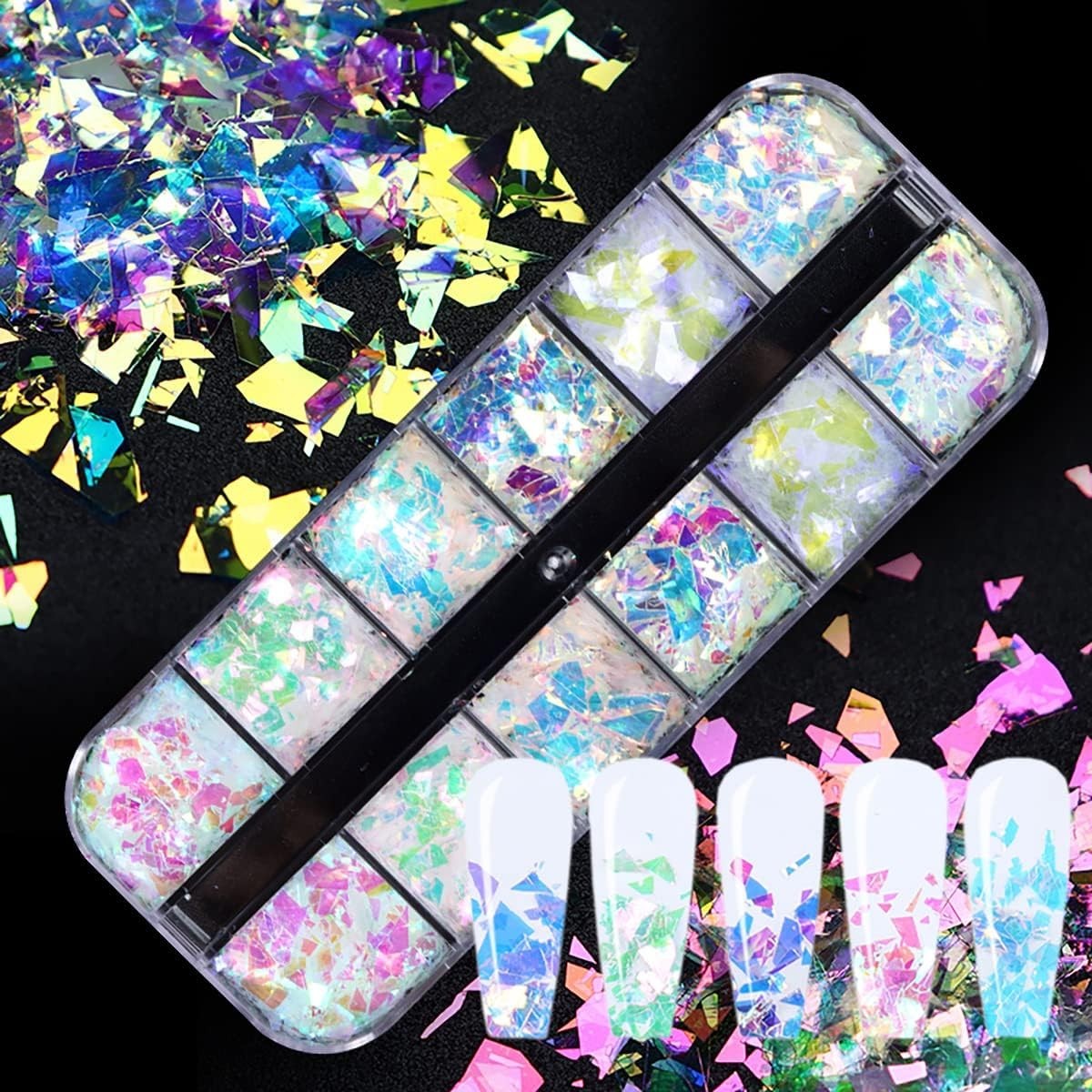 12 Colors Iridescent Ice Slag Nail Art Glitter Sequins for DIY Nail Designs