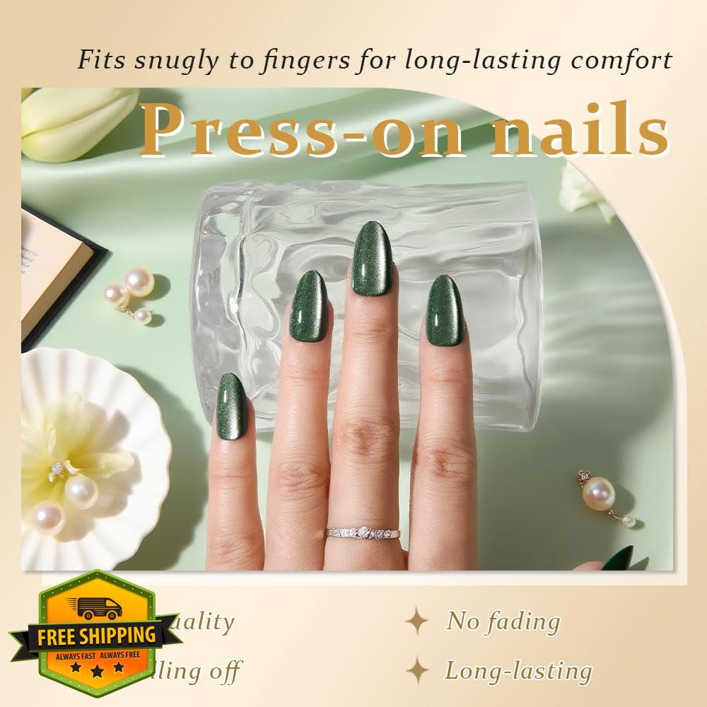 evpct Short Almond Green Cat Eye Press on Nails 32Pcs