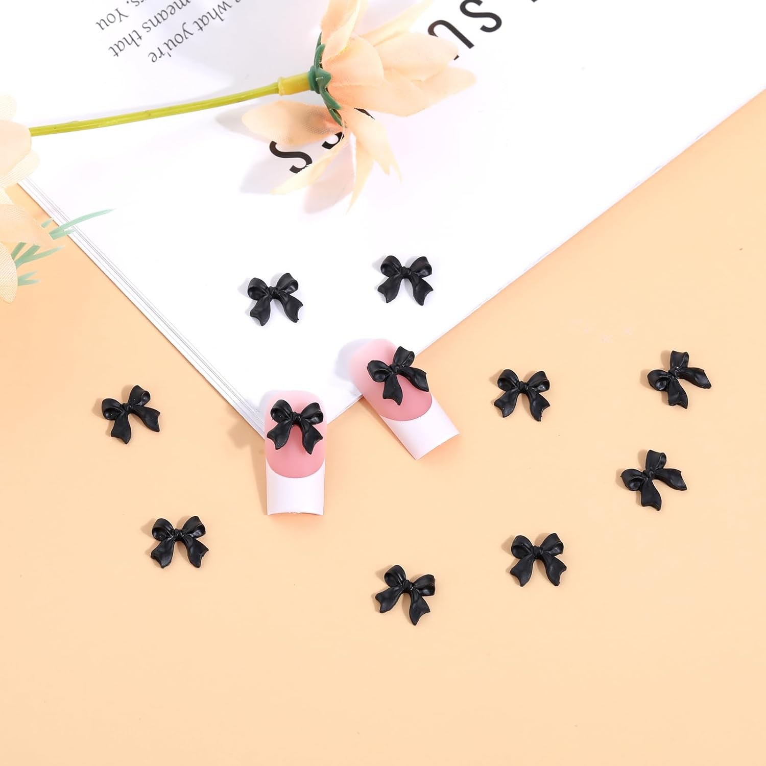 50pcs 3D Bow Nail Charms Black Resin Rhinestone Nail Art DIY Decorations