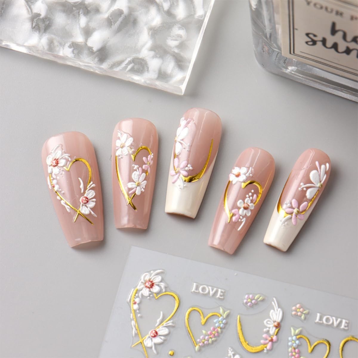 JMEOWIO 3D Embossed Flower Nail Art Stickers Decals Self-Adhesive 5D Spring Summ