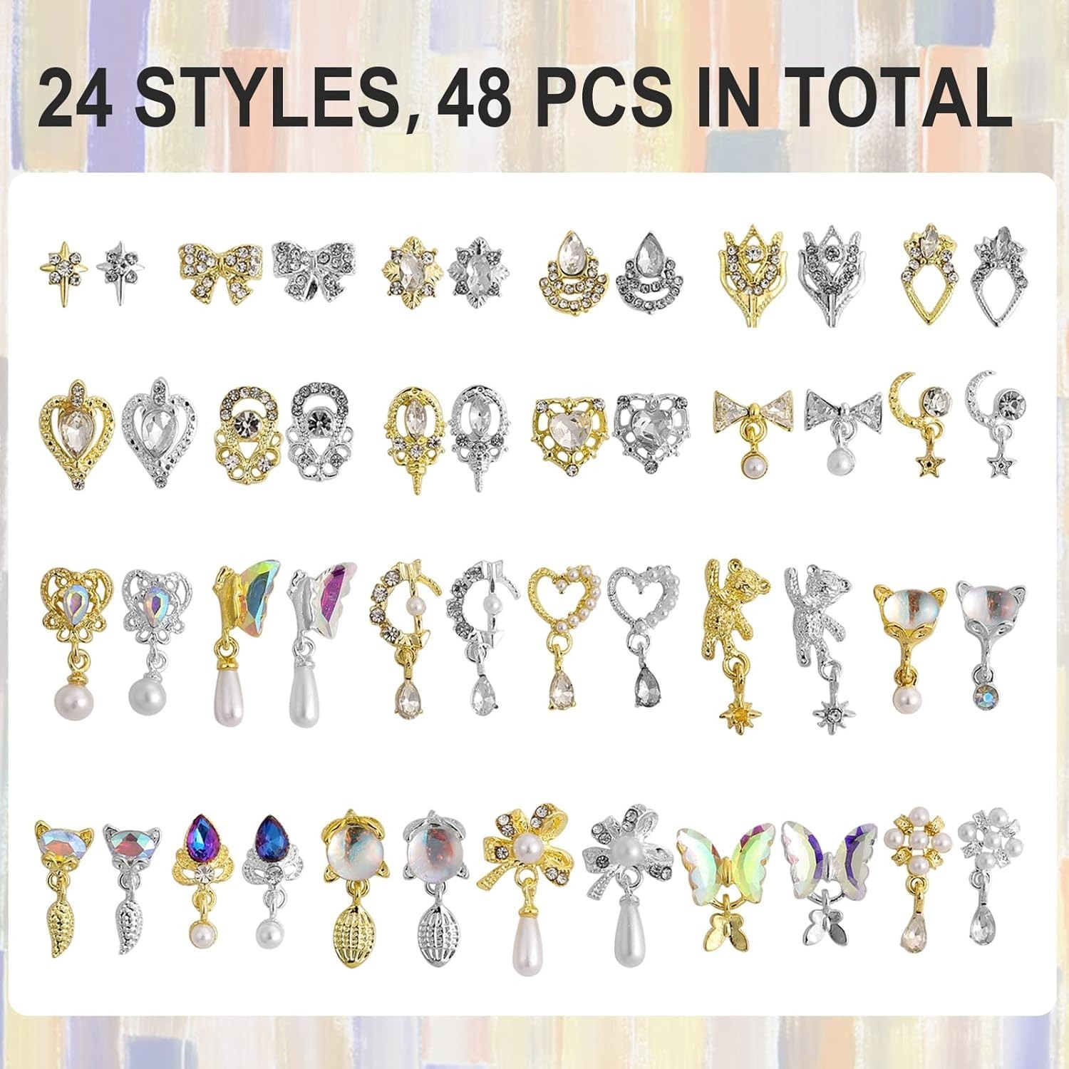 48pcs Nail Crystal AB Rhinestones, Nail Diamonds Glass Metal Gems Jewels Ston…