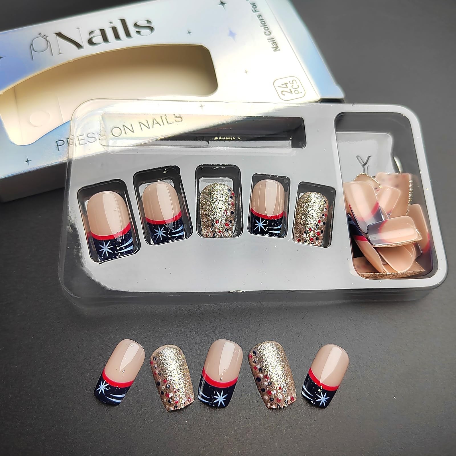 24Pcs 4th of July Press on Nails Short Square Independence Day Fake Nails wit…