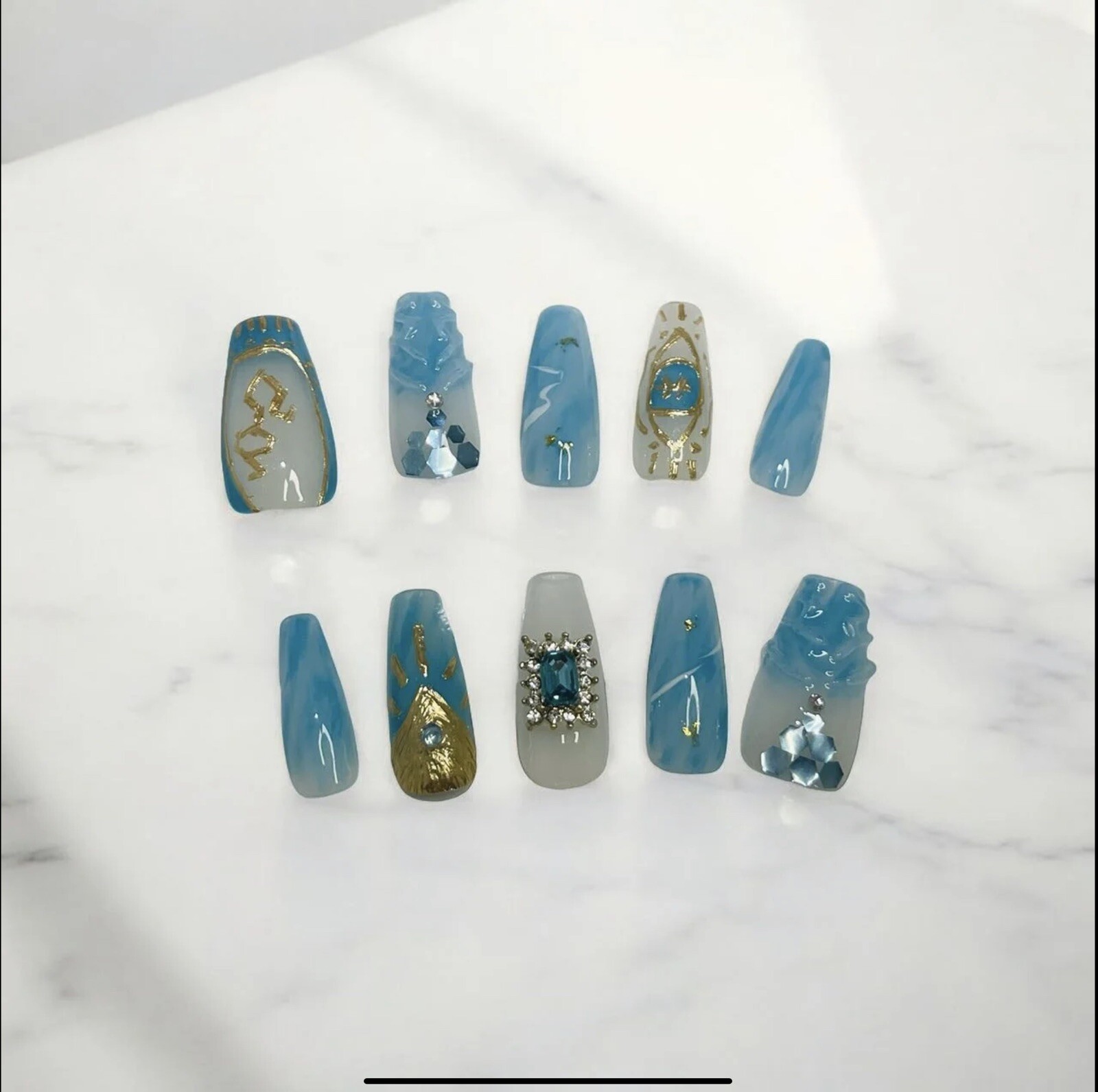 Atlantis’s Jewel Blue French Press On Nails Long Length (M/L）