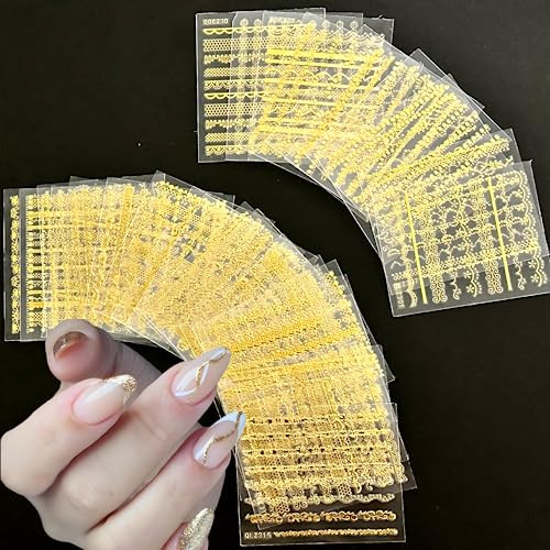 30 Sheets Gold Line Nail Art Stickers Gold Lace Nail Stickers 3D Self-Adhesive