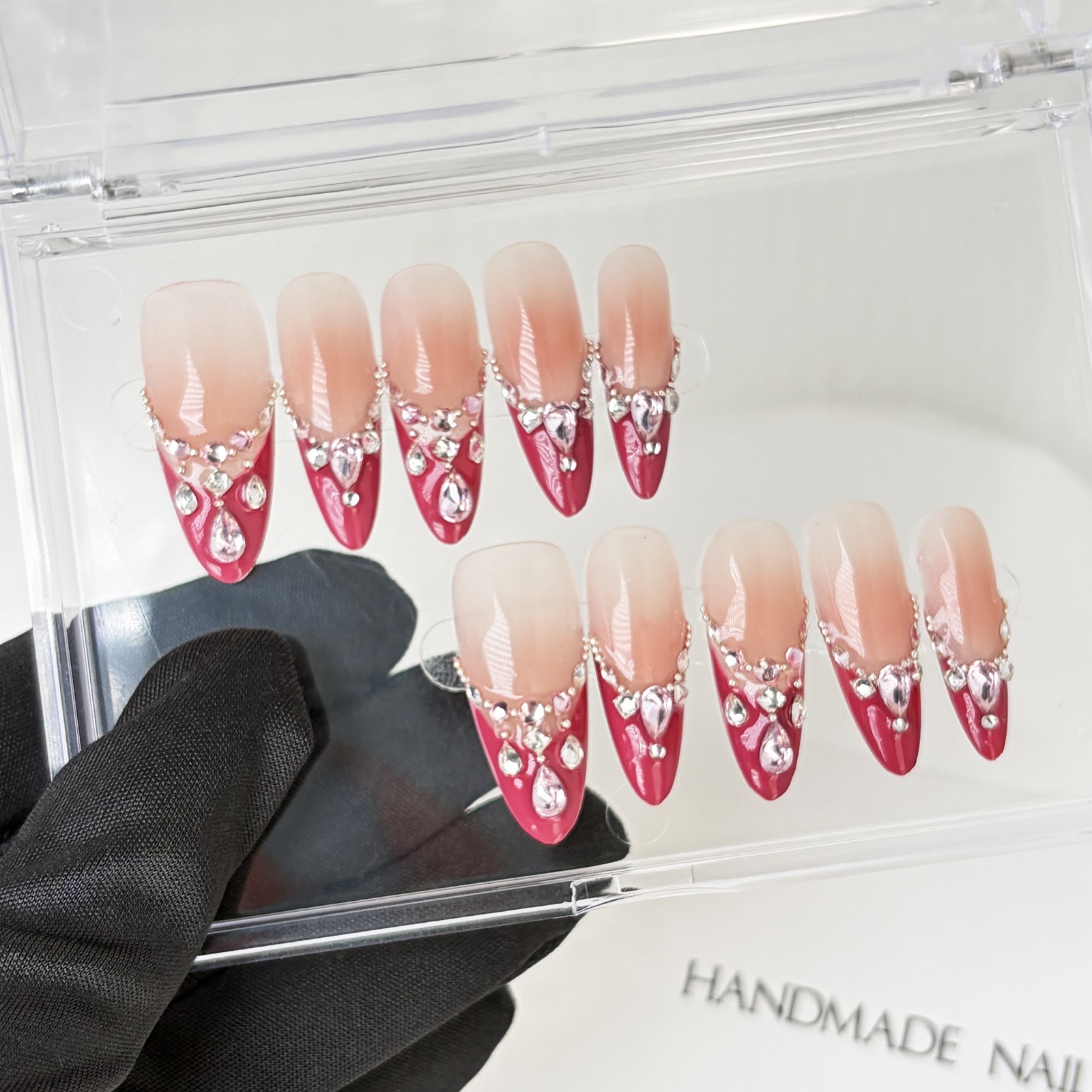 Red Brown Ombre Press-On Nails with Rhinestone Band Luxury Handmade Almond Nails