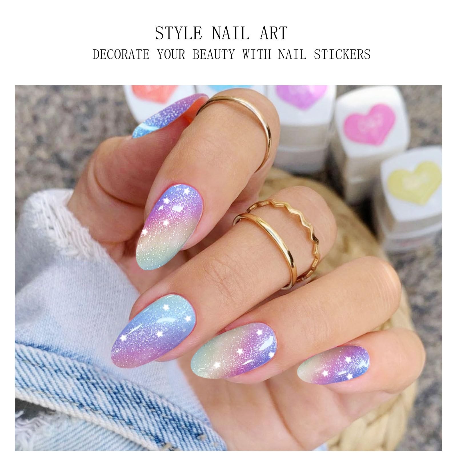 JMEOWIO Gel Nail Stickers Rainbow Glitter Semi Cured