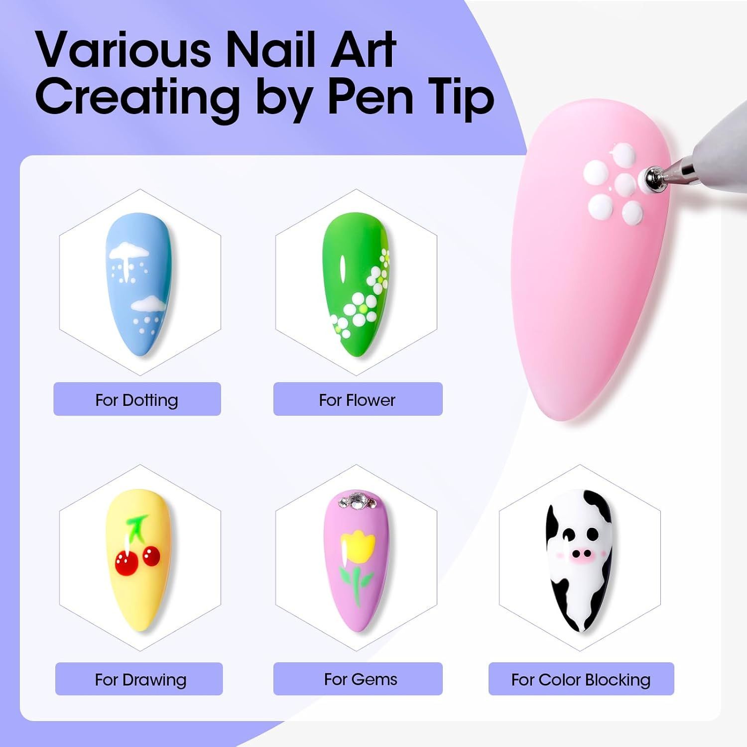 5-In-1 Nail Dotting Pen with Ballpoint Pen Design & Nail Rhinestones, Double-End