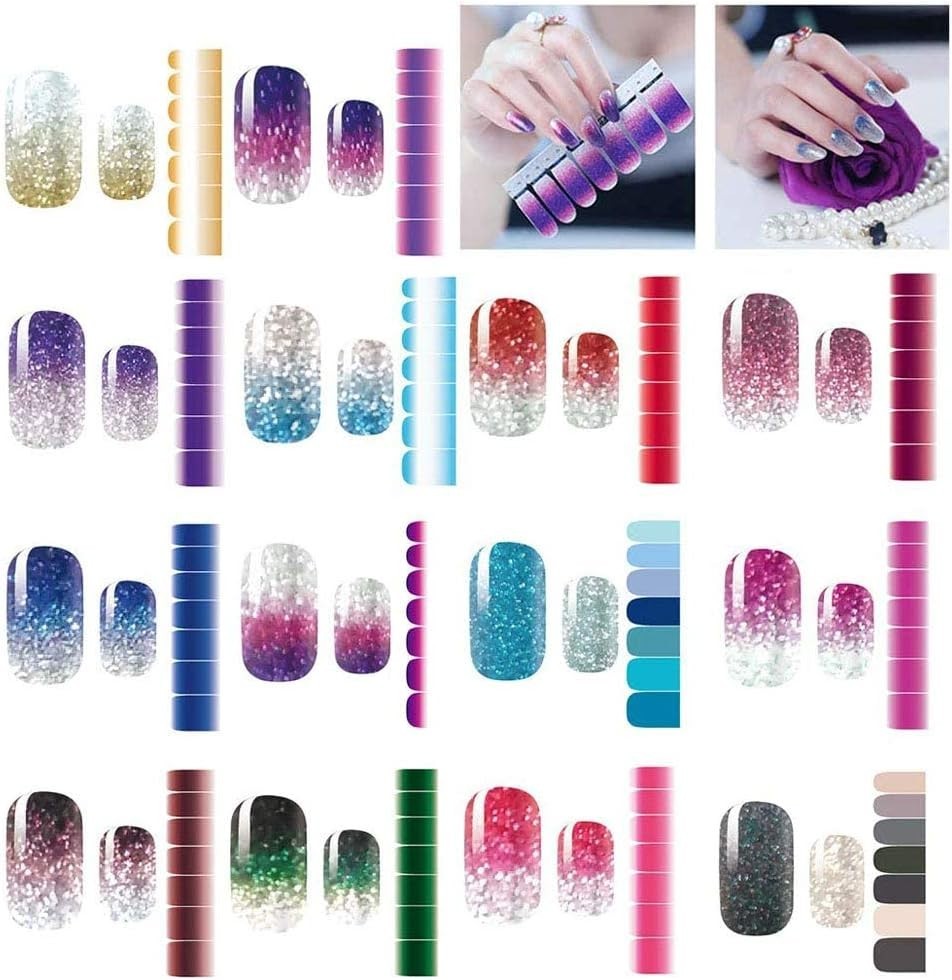 14 Sheets Nail Stickers Glitter Gradient Color Shine Full Nail Wraps Gel Nail…