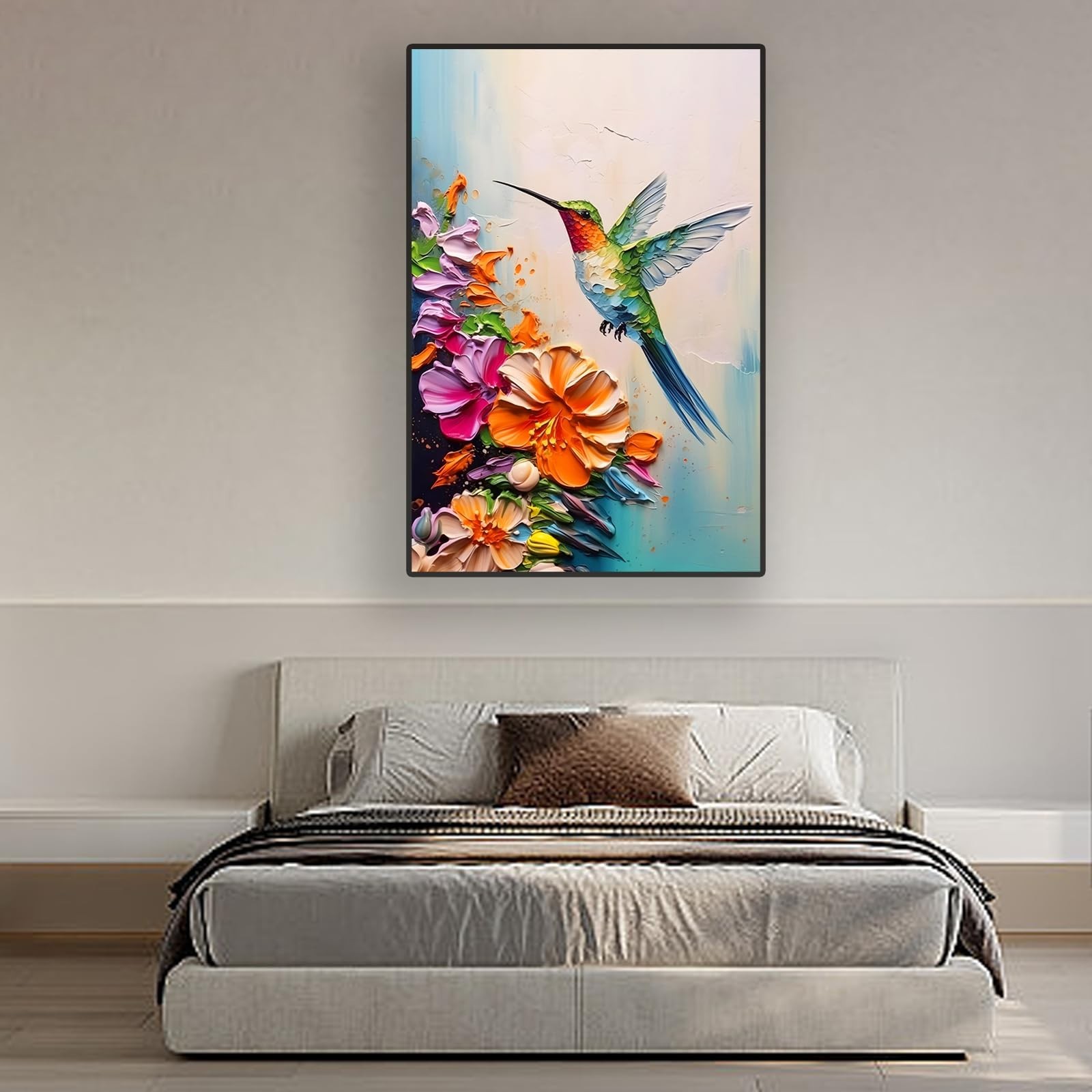 2D No Texture Colorful Painting Style Hummingbird Wall Art,Spring Flowers Can…