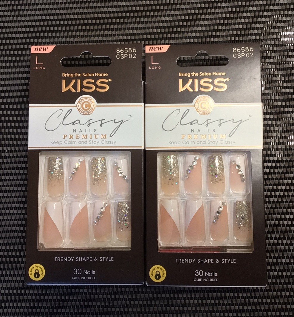 KISS Press On Nails Lot Of 2 CLASSY FRENCH W/Jewels #86586 Long Square