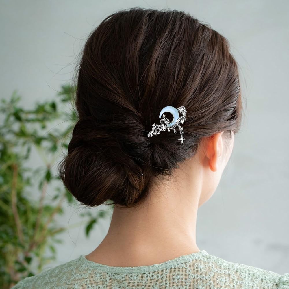 4PCS Star Moon Hair Sticks for Buns Long 1 Count (Pack of 4), Silver