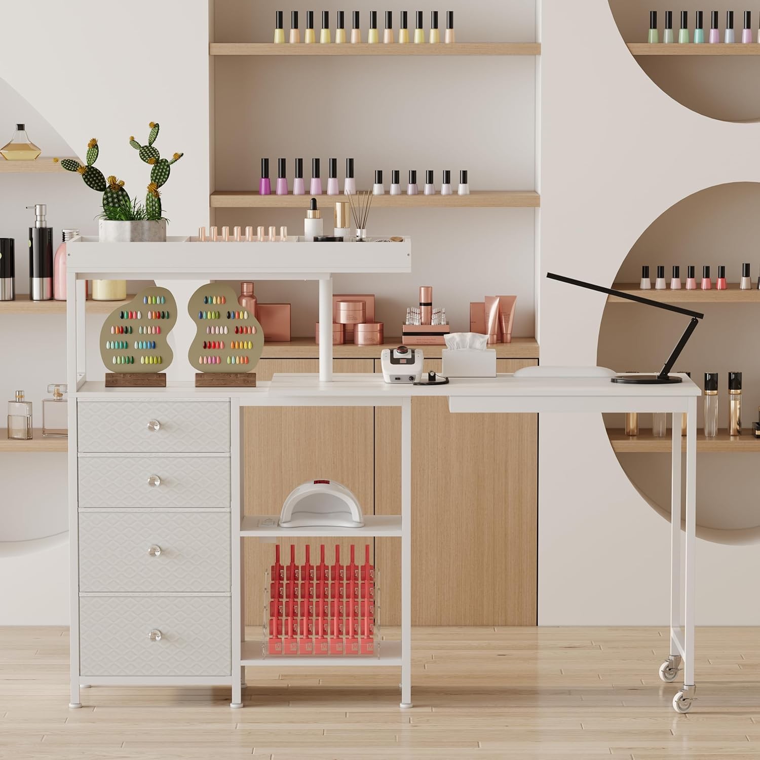 Nail Tech Workstation L-Shaped Wheels Charging Station