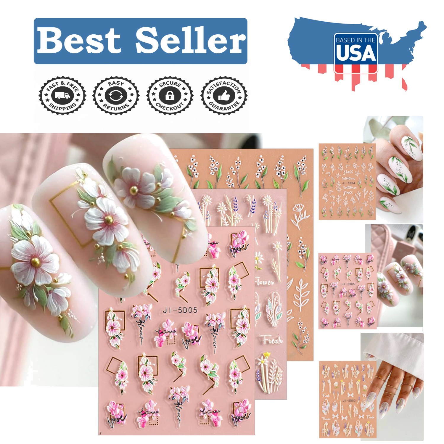 Self-Adhesive Summer Nail Art Stickers – 3D Floral & Leaf Patterns, Set of 4