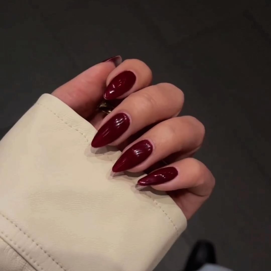 KQueenest 48 Pcs Dark Red Press on Nails Almond Medium Length, Press on Burgu…
