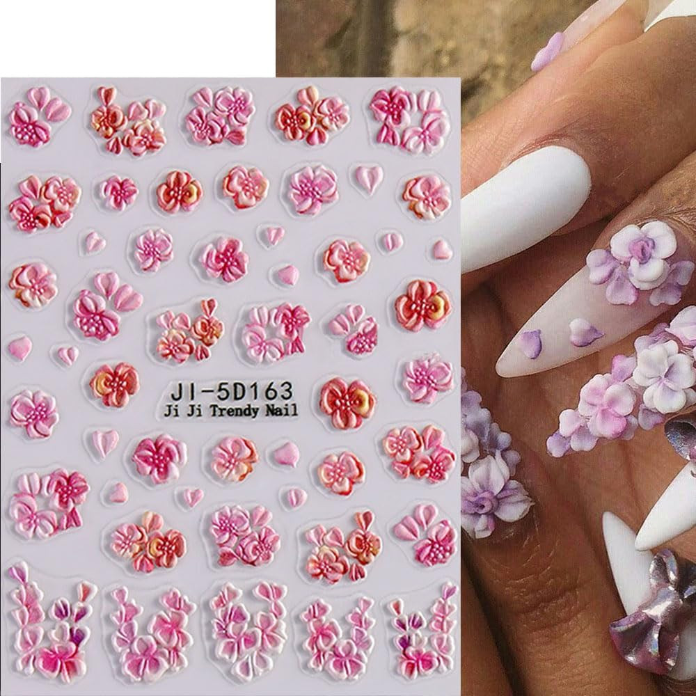 5D Embossed Flower Nail Stickers for Women Manicure Decor, 5D Acrylic Carved Flo