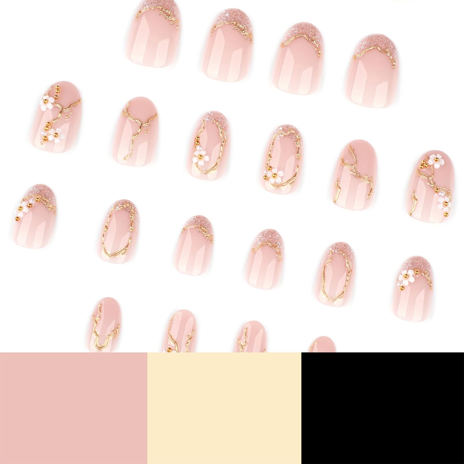 Jremg Glitter French Tip Press on Nails Short Round Fake Nails with Gold Bead…