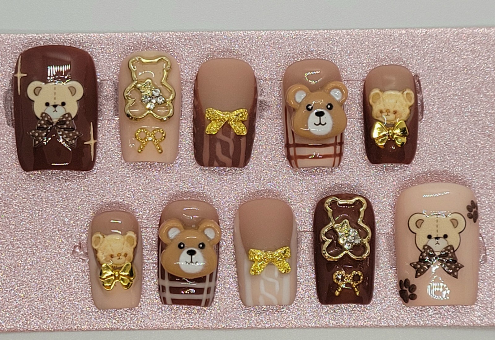 Handmade Teddy Bear Autumn Cute French Brown Sweater presson nails short Square