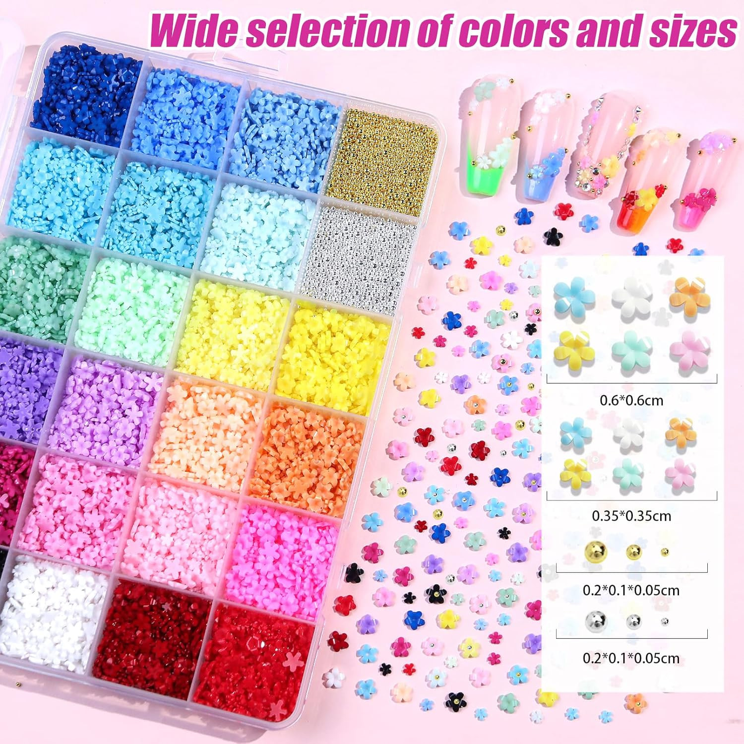 11000 Pieces Flower Nail Charms 24 Color 3D Flowers for Nails Gold & Silver Nail