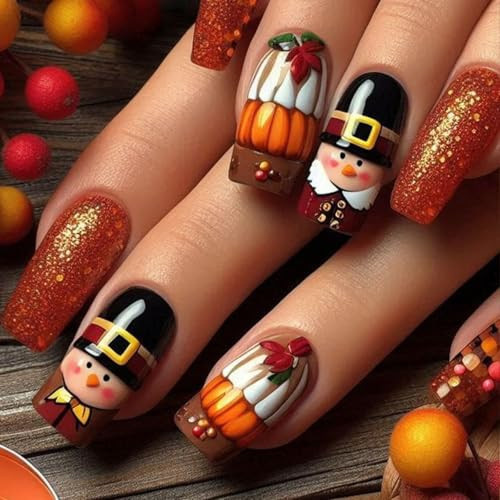 French Tip Press on Nail Thanksgiving Day Fake Nail Medium Coffin design 17