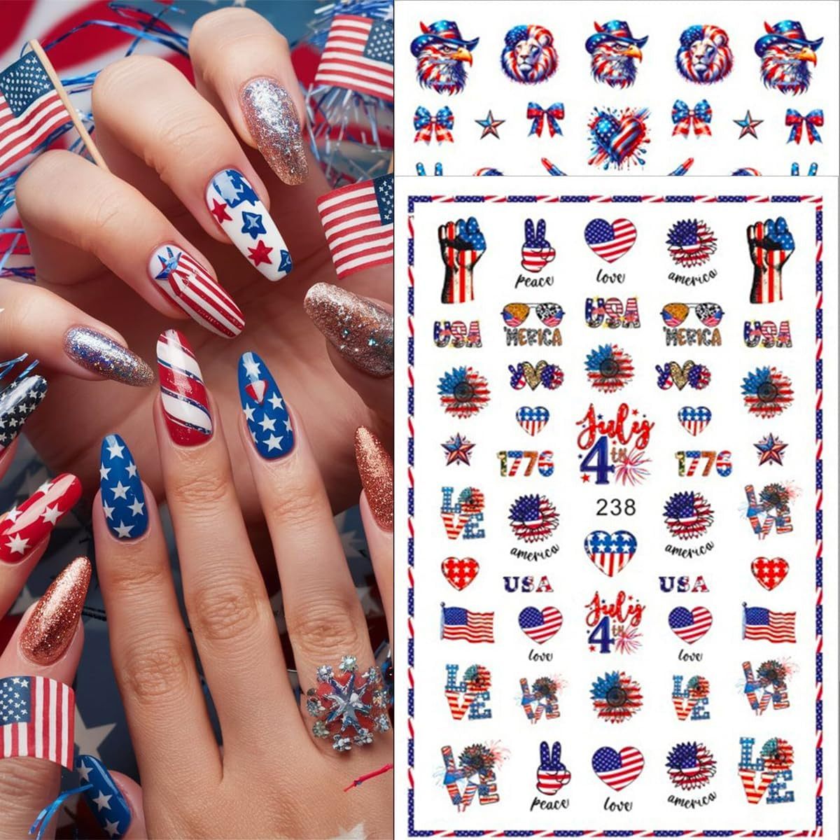 6Pcs 4Th of July Nail Art Stickers Decals Red Blue White Flag 3D Self-Adhesive N